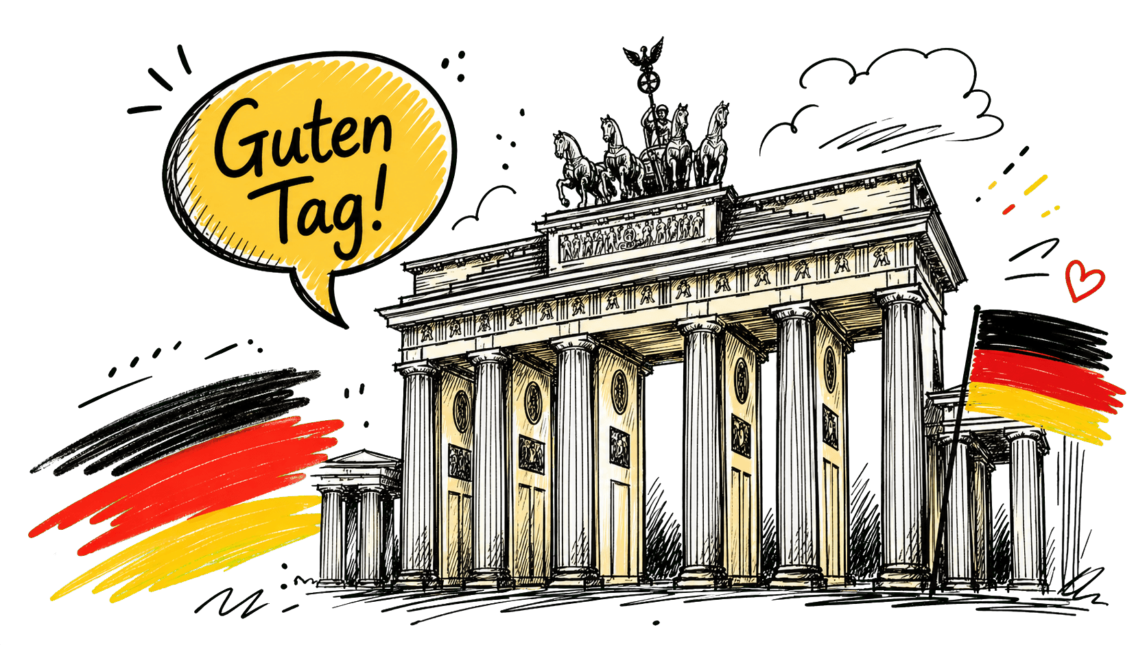 Ručno crtana ilustracija Brandenburg Gate s porukom Guten Tag